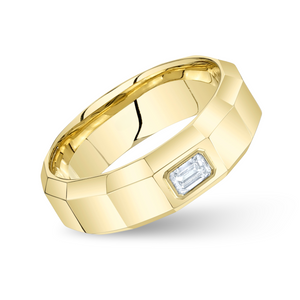 Wide Faceted Band with Emerald Cut Diamond