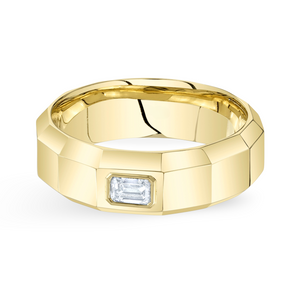 Wide Faceted Band with Emerald Cut Diamond