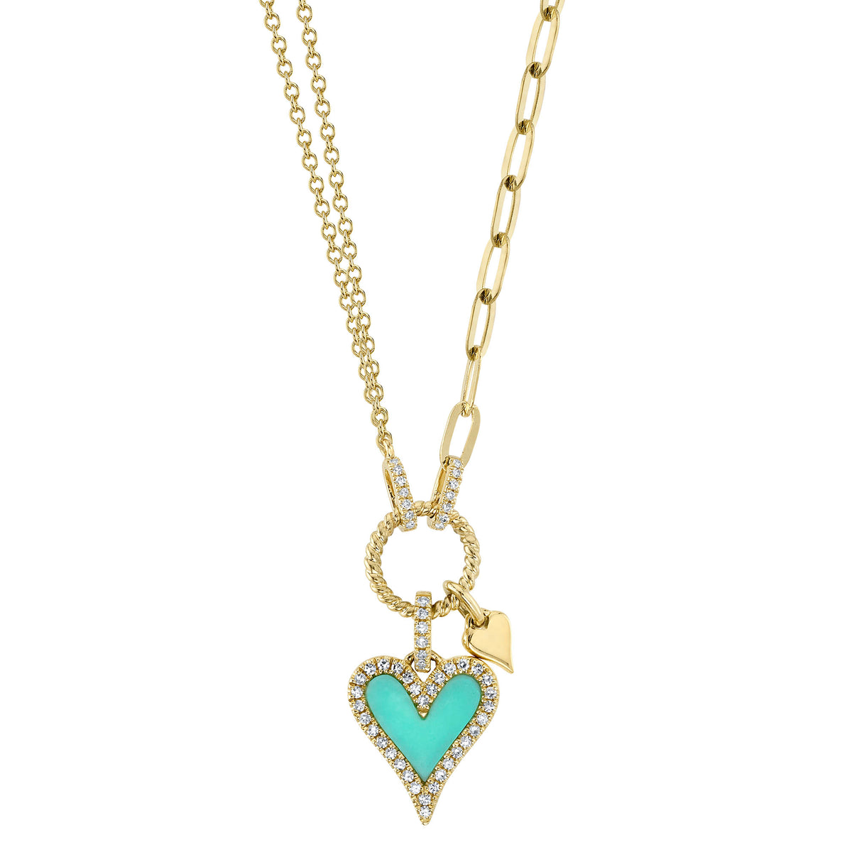 Heart Shape Turquoise & Diamond Pendant on Paperclip Chain