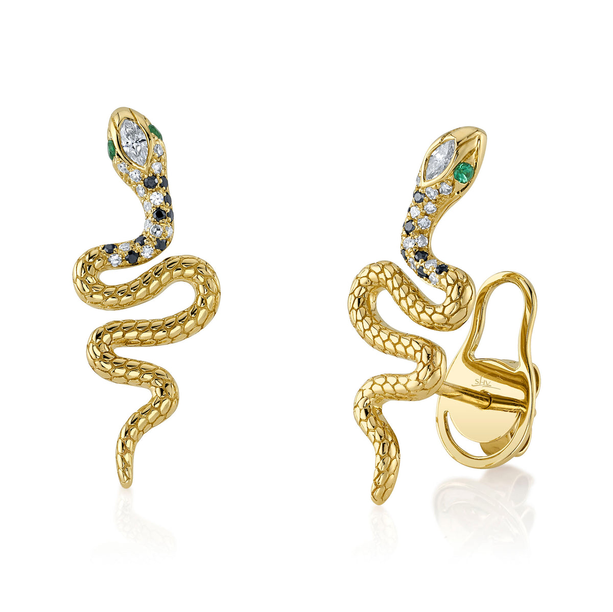Emerald Black & White Diamond Snake Earrings