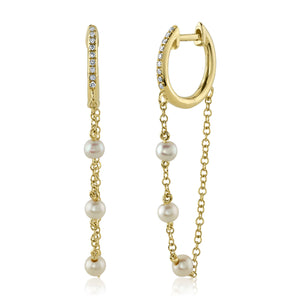 Pearl Chain Drop Diamond Huggie Earrings