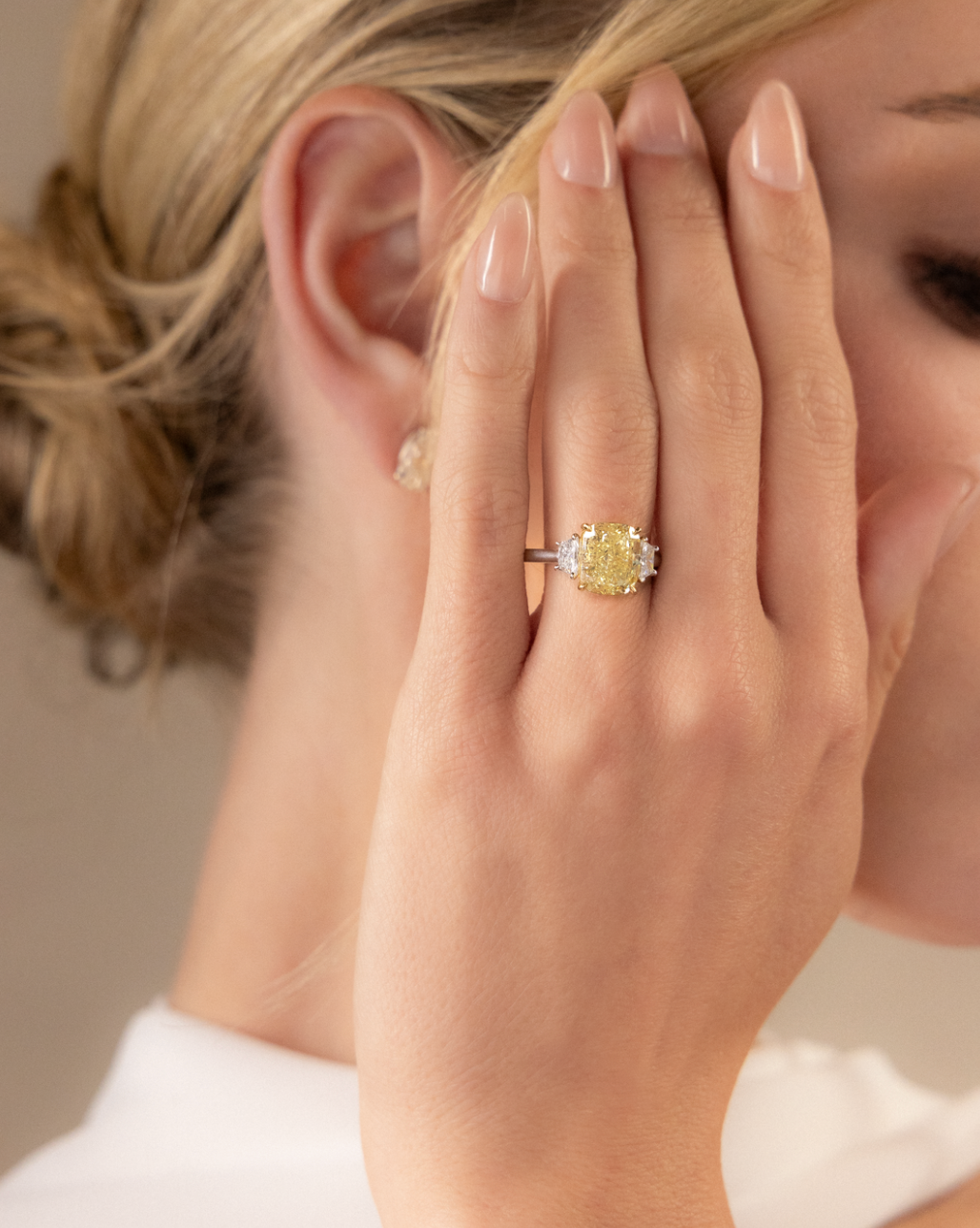Cushion Cut Fancy Yellow Diamond Ring with Trapezoid Side Stones | 4.61tw