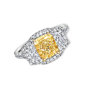 Yellow Cushion Cut Diamond with Trapezoid Side Stones Ring