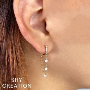 Pearl Chain Drop Diamond Huggie Earrings