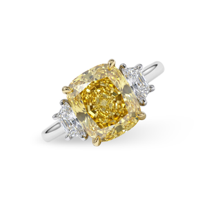 Cushion Cut Fancy Yellow Diamond Ring with Trapezoid Side Stones | 4.61tw
