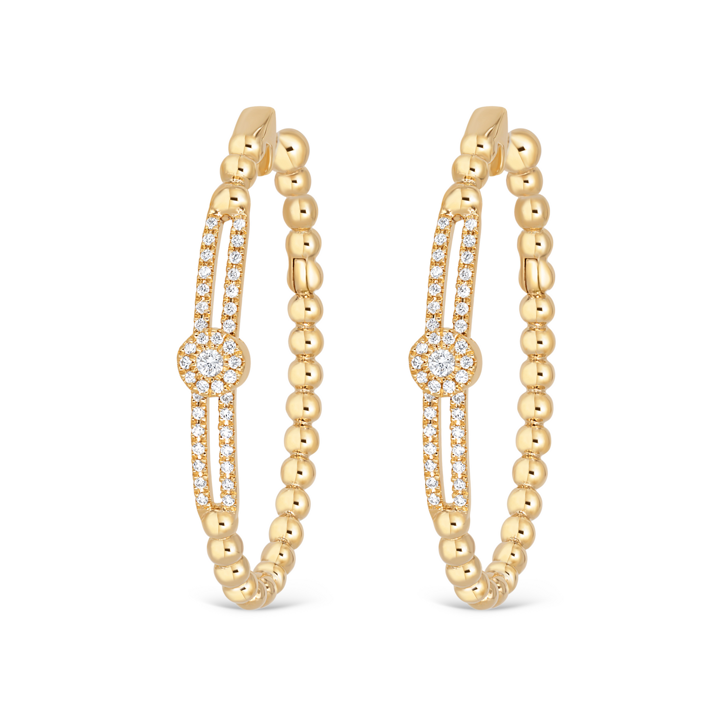 Diamond Oval on Diamond Rail Bead Hoop Earrings | .48tw