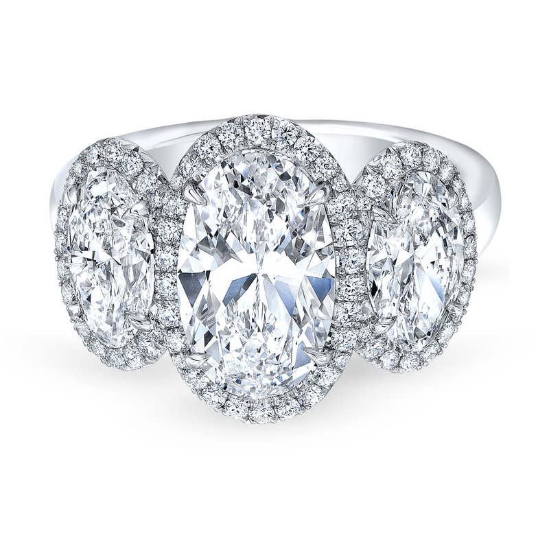 Moval Cut Triple Diamond Ring with Pavé Halo | 3.17tw