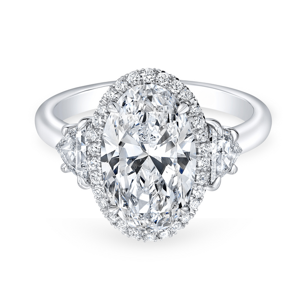 Oval Diamond Three Stone Halo Ring | 4.20tw