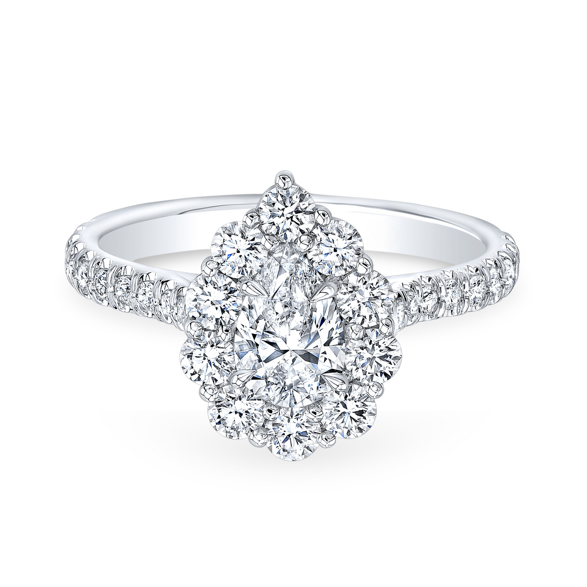 Pear Cut Diamond Ring with Diamond Pavé Halo and Band | 1.80tw