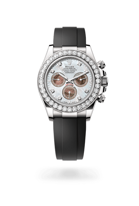 Rolex Cosmograph Daytona in White Gold and White and Black mother-of-Pearl set with Diamonds Dial, M126589rbr-0001| Polacheck's Jewelers