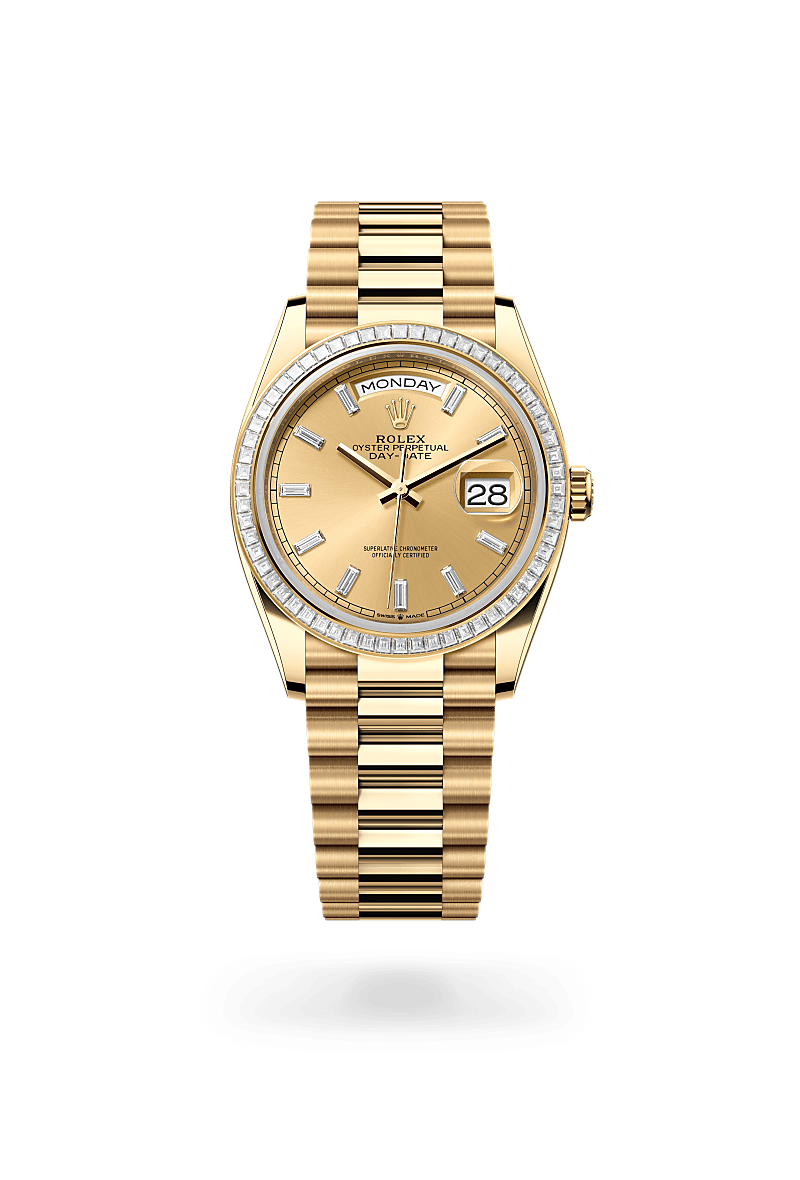 Rolex Day Date 36 in Yellow Gold and Champagne colour set with diamonds Dial M128398TBR 0037 Polacheck s Jewelers