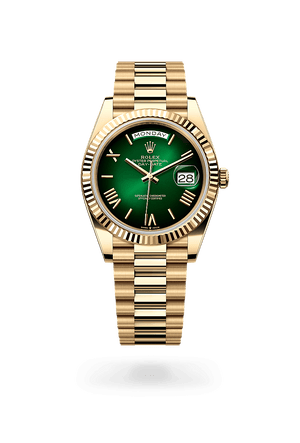 Rolex Day-Date 40 in Yellow Gold and Green ombrÌ© Dial, M228238-0069 Polacheck's Jewelers