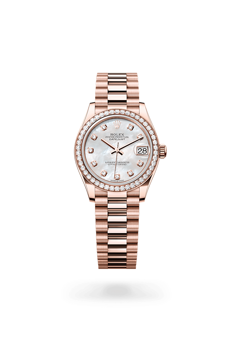 Rolex Datejust in Everose Gold and White mother-of-pearl set with diamonds Dial, M278285rbr-0005 | Polacheck's Jewelers