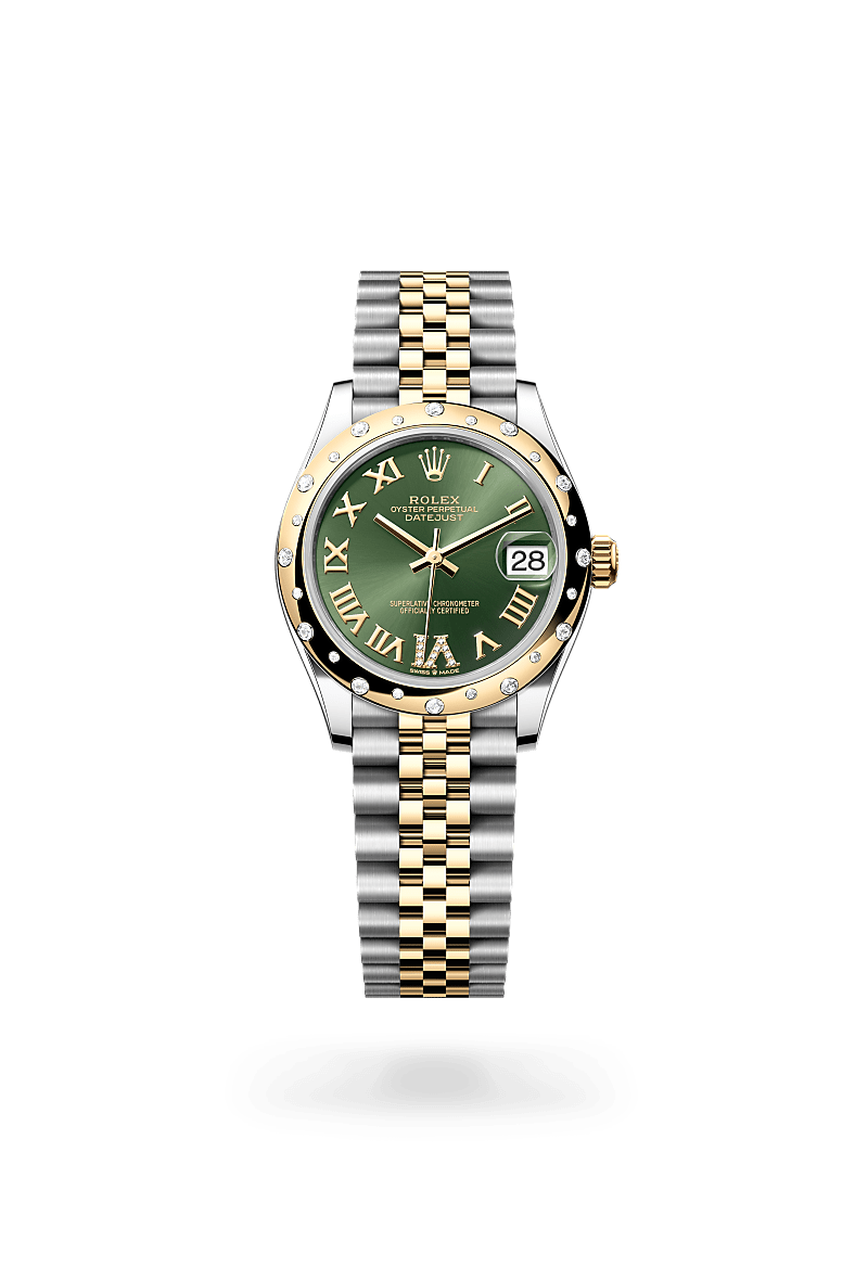 Rolex Datejust 31 in Yellow Rolesor and Olive green set with diamonds Dial, M278343RBR-0016 | Polacheck's Jewelers