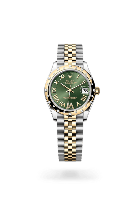 Rolex Datejust 31 in Yellow Rolesor and Olive green set with diamonds Dial, M278343RBR-0016 | Polacheck's Jewelers