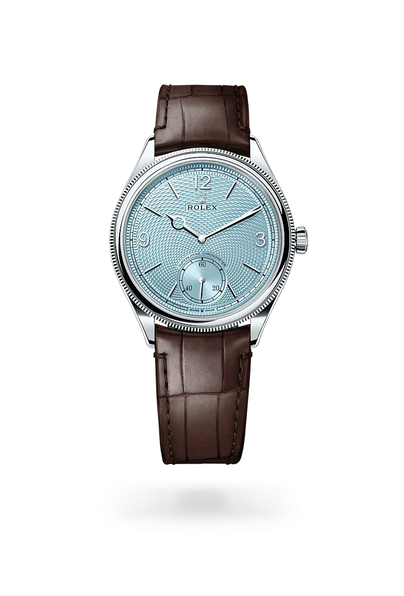 Rolex 1908 in platinum and Ice Blue, rice-Grain motif Dial, M52506-0002 | Polacheck's Jewelers